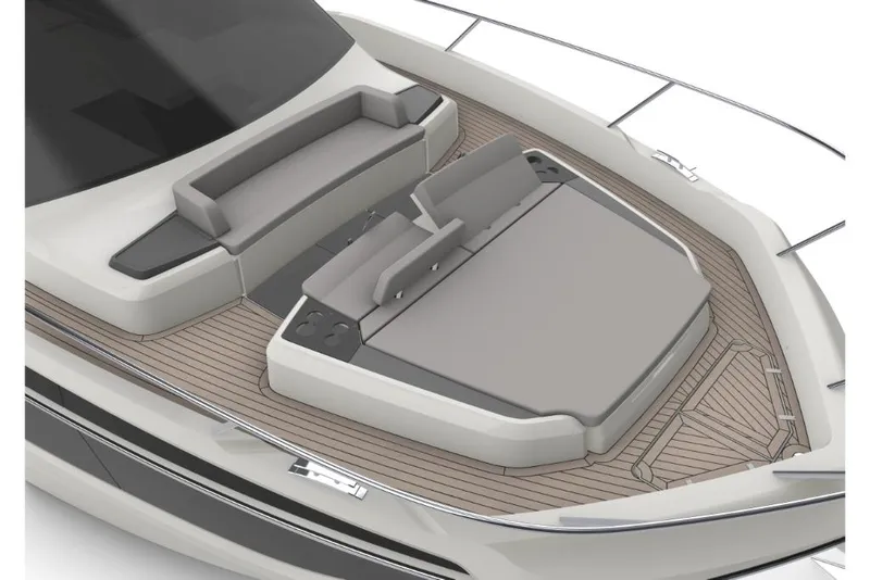 Slide: The Image of 2023 Galeon 560 Fly yacht with spacious sun deck and cushioned seating. - 6