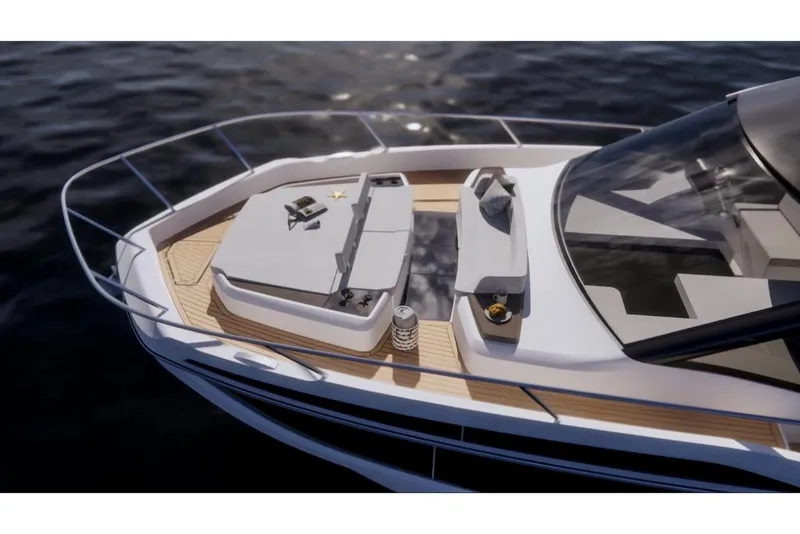 Slide: The Image of 2023 Galeon 560 Fly yacht bow with sunbathing area and seating. - 7