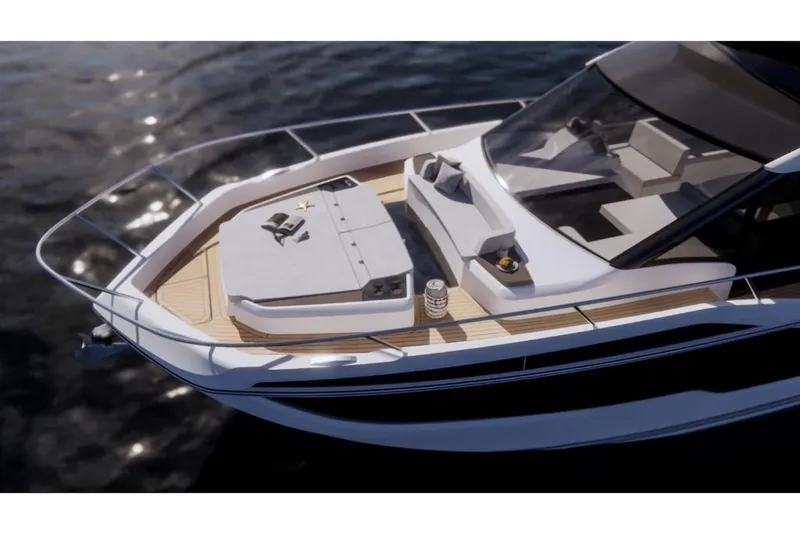 Slide: The Image of 2023 Galeon 560 Fly yacht with spacious sun deck and luxurious seating. - 8
