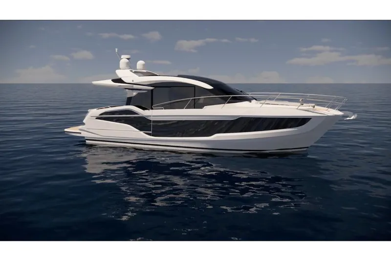 Slide: The Image of 2023 Galeon 450 HTC luxury yacht on calm ocean waters. - 3