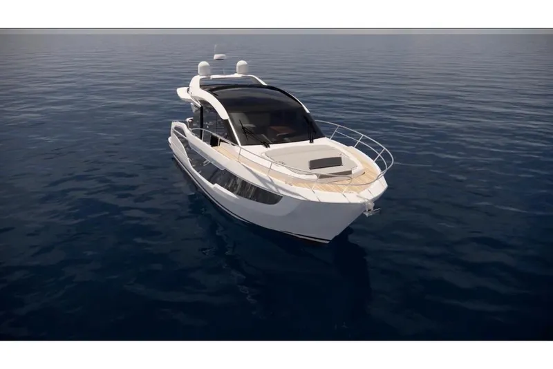 Slide: The Image of 2023 Galeon 450 HTC luxury yacht cruising on open water. - 5