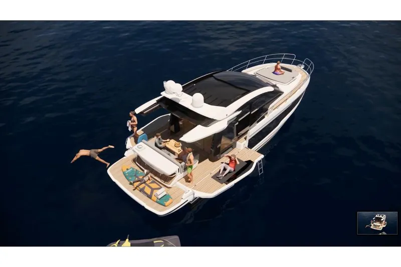 Slide: The Image of 2023 Galeon 450 HTC yacht with people enjoying water activities. - 6
