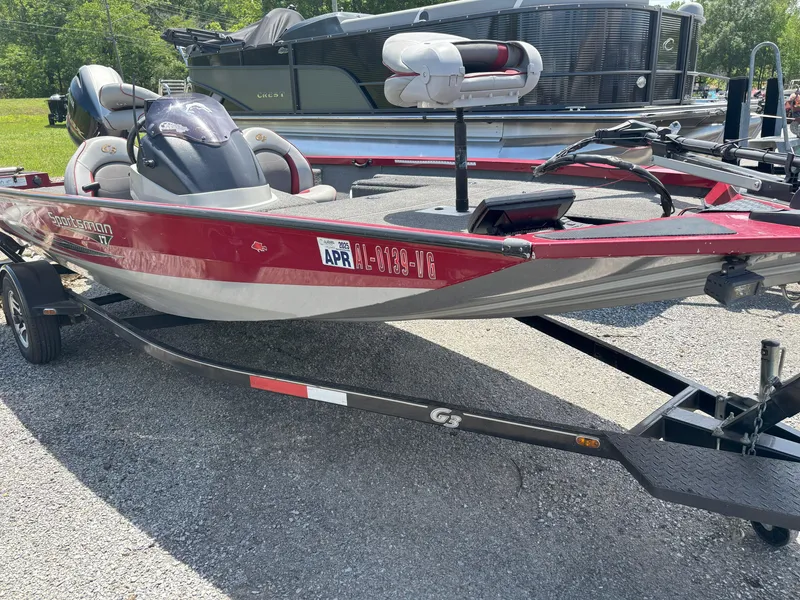Slide: The Image of 2018 G3 Sportsman 1710 boat on trailer, red and white, parked outdoors. - 1