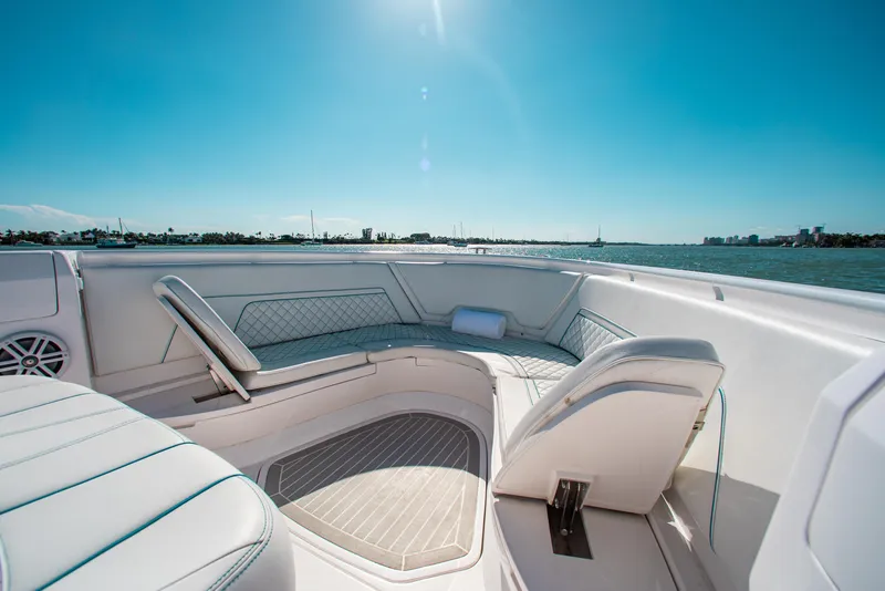 Slide: The Image of Luxurious seating area on the 2021 Intrepid 407 Nomad FE boat. - 14