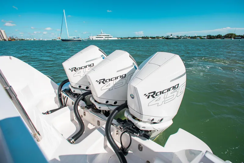 Slide: The Image of 2021 Intrepid 407 Nomad FE with triple Mercury Racing 450R outboard engines. - 16