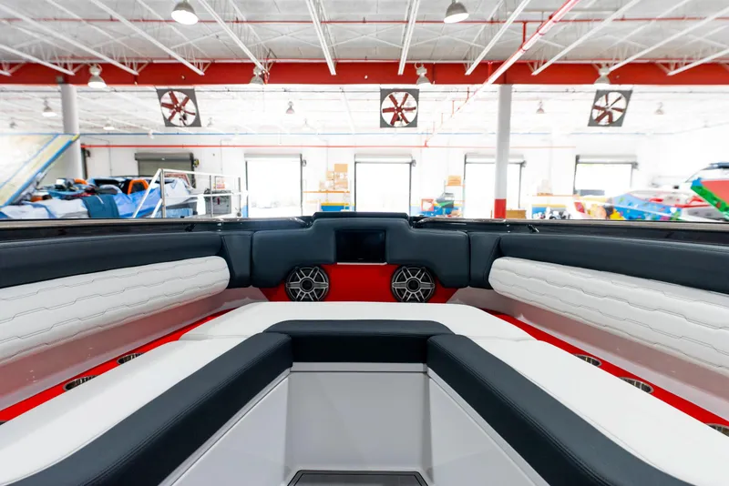 Slide: The Image of Interior of 2025 Cigarette 41 Nighthawk boat with modern seating and audio system. - 16