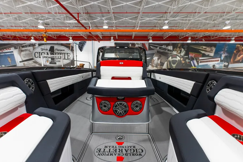 Slide: The Image of Interior of 2025 Cigarette 41 Nighthawk boat with luxurious seating and sound system. - 18