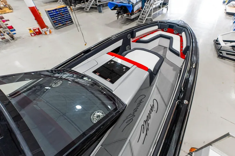 Slide: The Image of 2025 Cigarette 41 Nighthawk boat interior in a workshop. - 22