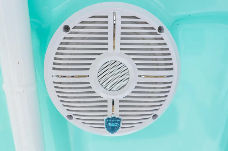 Slide: The Image of White speaker on a 2023 Savannah 220 IS boat with turquoise background. - 13