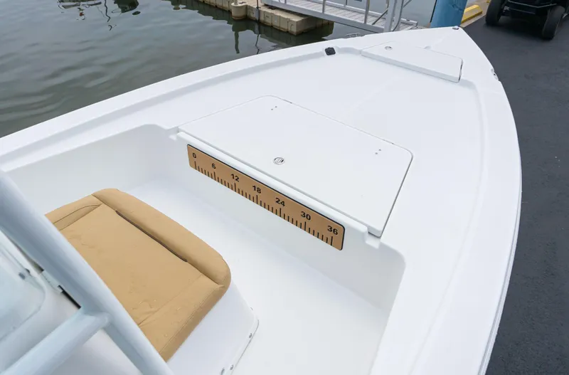 Slide: The Image of 2023 Savannah 220 IS boat with tan seating and built-in measuring ruler. - 9