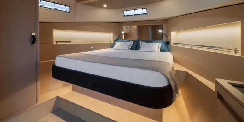Slide: The Image of Luxurious bedroom interior of 2025 Solaris Power 44 Open yacht with modern design. - 15