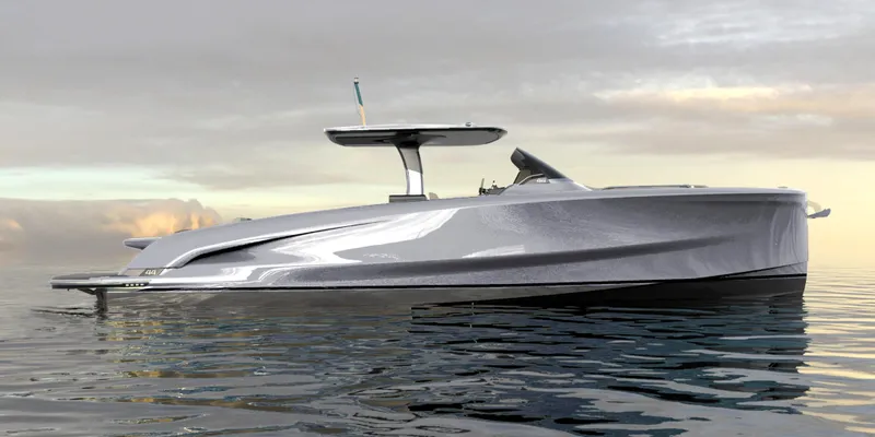 Slide: The Image of 2025 Solaris Power 44 Open luxury yacht on calm waters at sunset. - 6