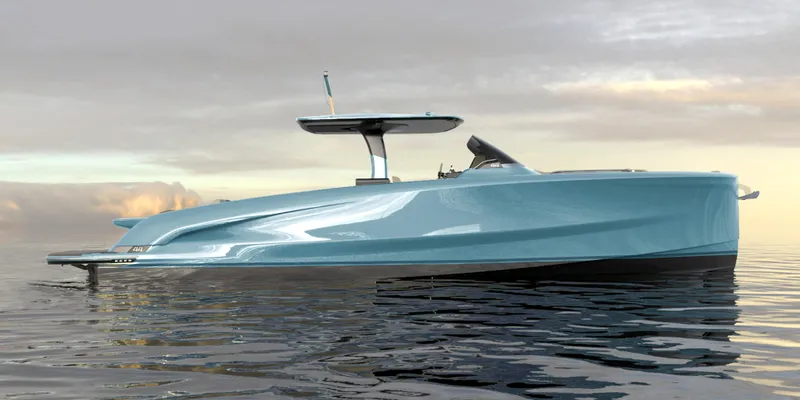 Slide: The Image of 2025 Solaris Power 44 Open luxury yacht on calm water at sunset. - 7