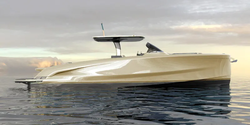 Slide: The Image of 2025 Solaris Power 44 Open luxury yacht on calm water at sunset. - 10