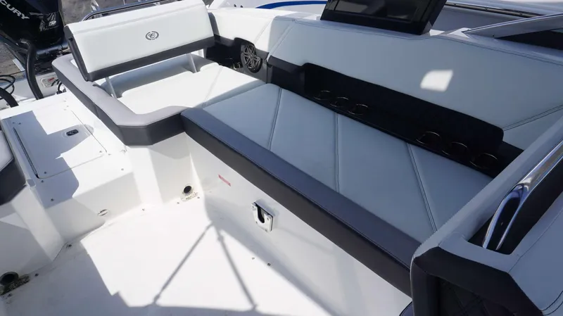 Slide: The Image of 2023 Cobalt R8 boat interior with sleek seating and modern design. - 11