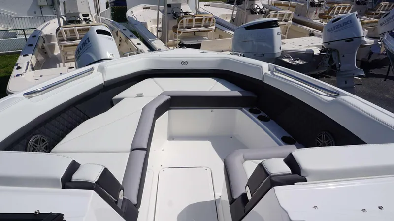 Slide: The Image of 2023 Cobalt R8 boat interior with spacious seating and modern design. - 16