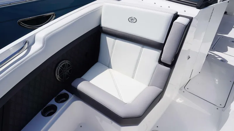 Slide: The Image of Luxury seating on 2023 Cobalt R8 boat, featuring sleek design and cup holders. - 20