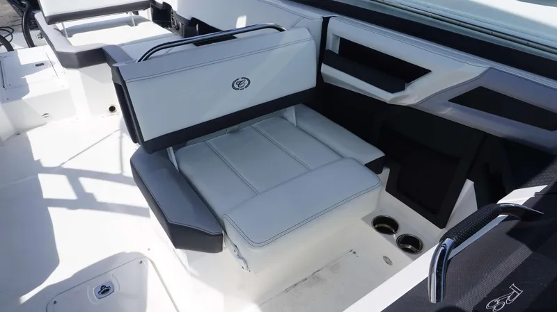 Slide: The Image of 2023 Cobalt R8 boat interior with luxurious seating and modern design. - 9