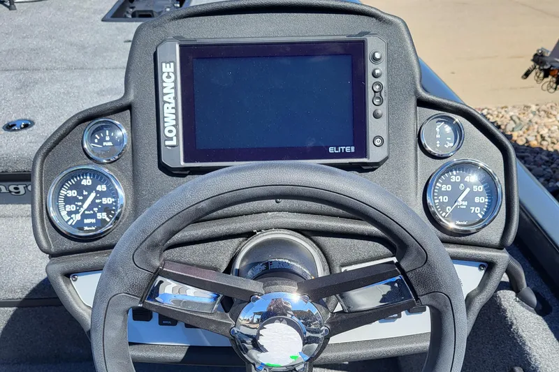 Slide: The Image of 2023 Ranger RT178 boat dashboard with Lowrance Elite fishfinder and gauges. - 3