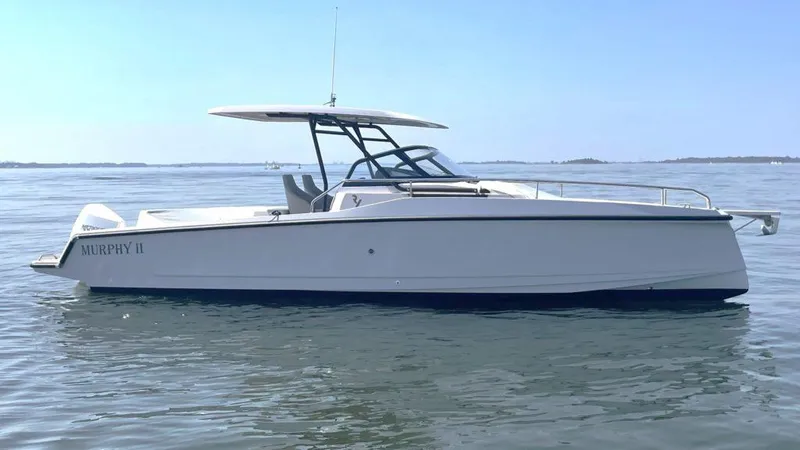 Slide: The Image of 2023 RYCK 280 boat on calm water, side view, sleek design. - 3