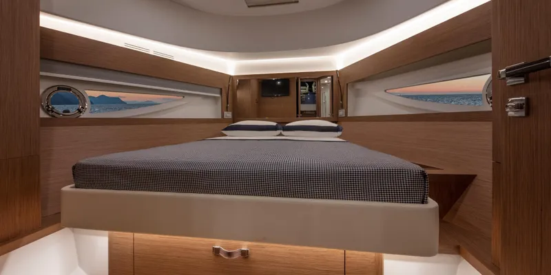 Slide: The Image of Luxurious interior of 2025 Solaris Power 48 OPEN yacht cabin with modern design. - 16
