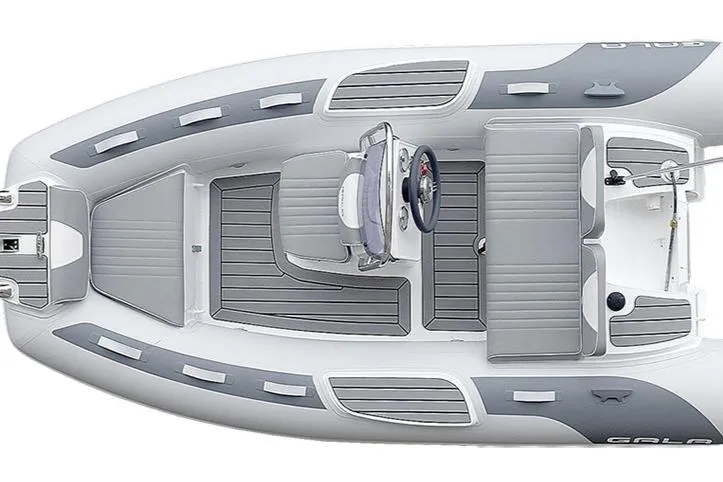 The Image of 2026 Gala V360 inflatable boat with seating and steering console, featuring sleek design. - 0