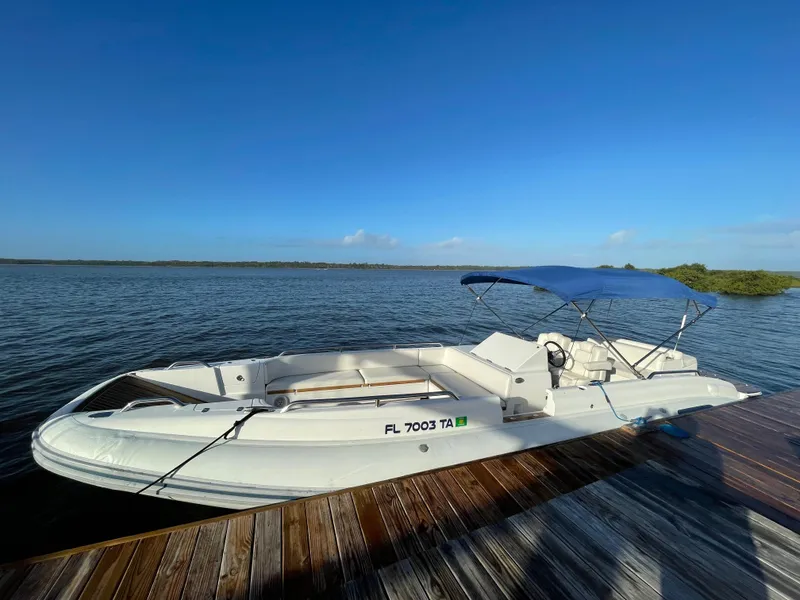 Slide: The Image of 2011 Novurania Chapman Transition 28 boat docked on a sunny day. - 3