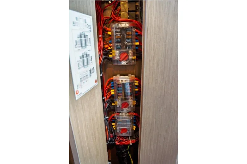 Slide: The Image of Electrical panel with wiring in 2026 Jeanneau NC 1295 Fly boat. - 79