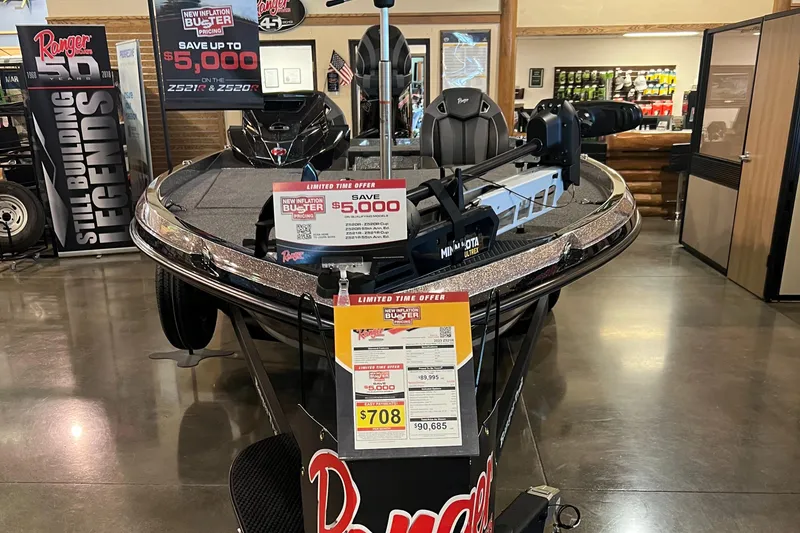 Slide: The Image of 2023 Ranger Z521R fishing boat on display with promotional offers. - 2