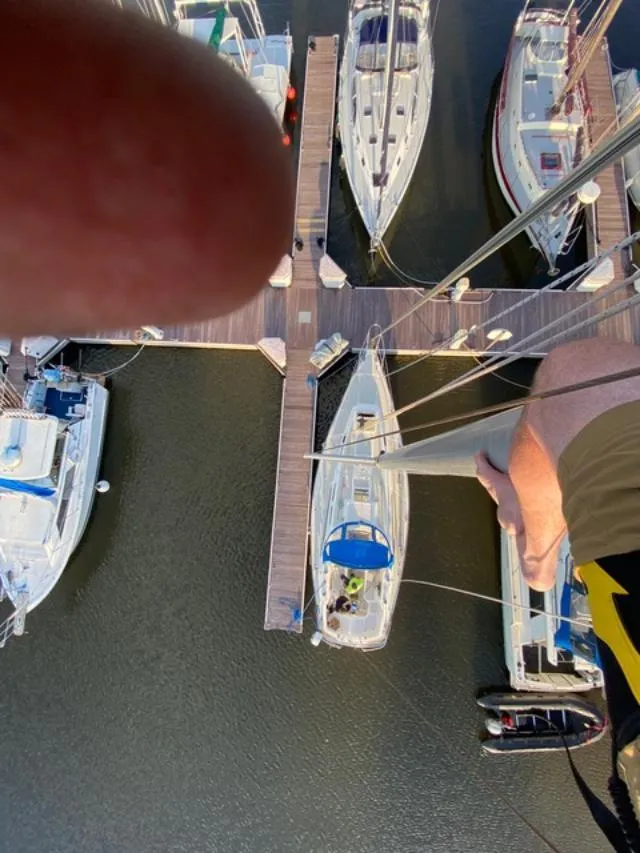 Slide: The Image of Aerial view of Columbia 10-7 sailboats docked at a marina, 1979 model. - 3