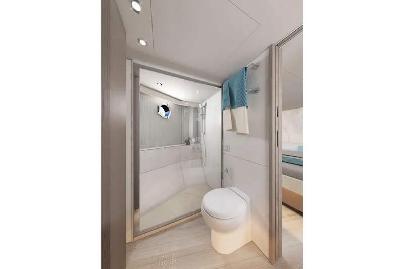 Slide: The Image of Luxurious bathroom interior on 2026 Absolute 58 Navetta yacht, featuring modern fixtures and elegant design. - 31