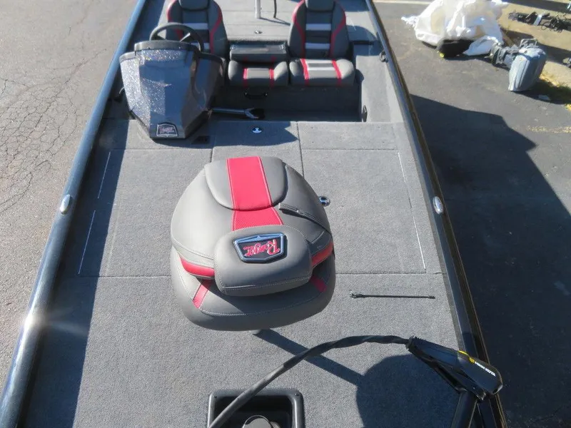 Slide: The Image of 2023 Ranger RT188 boat interior with gray and red seating, spacious deck layout. - 3