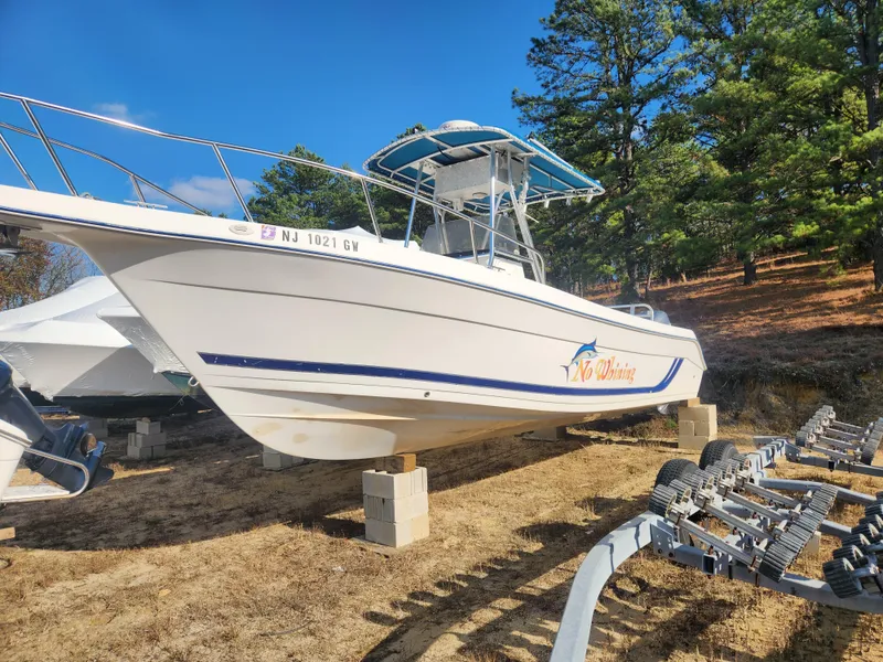 Slide: The Image of 2001 Cobia 274 Center Console boat on blocks, surrounded by trees. - 3