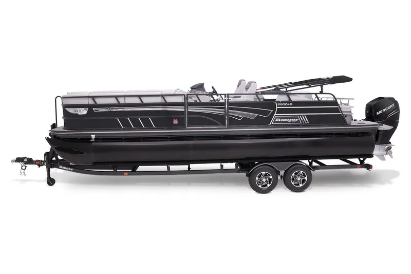 Slide: The Image of 2023 Ranger 2500LS pontoon boat with black exterior and Mercury outboard motor. - 11
