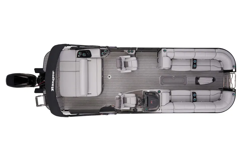 Slide: The Image of Top view of 2023 Ranger 2500LS pontoon boat with spacious seating and modern design. - 14
