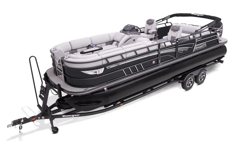 Slide: The Image of 2023 Ranger 2500LS pontoon boat on trailer, black and gray design. - 8