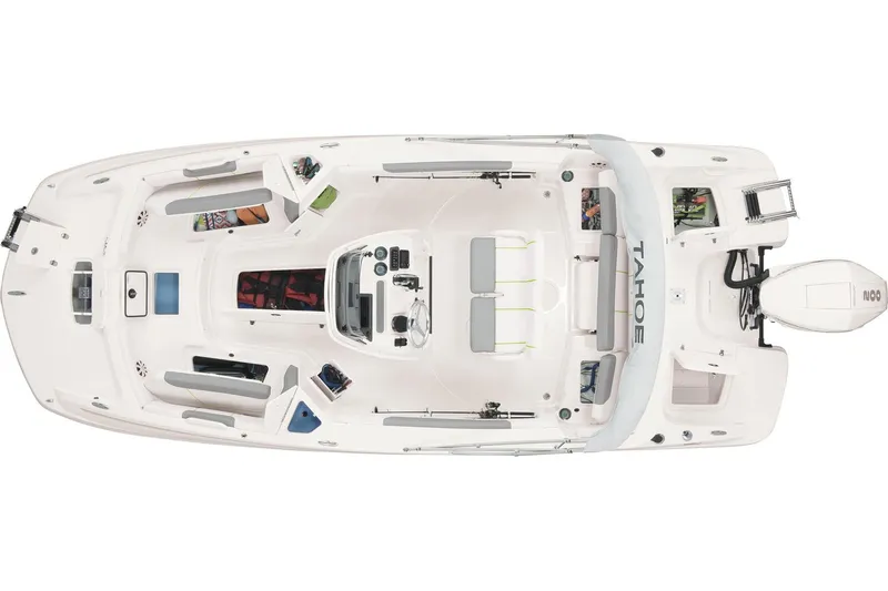 Slide: The Image of 2023 Tahoe 2150 CC boat, top view, spacious deck layout. - 6