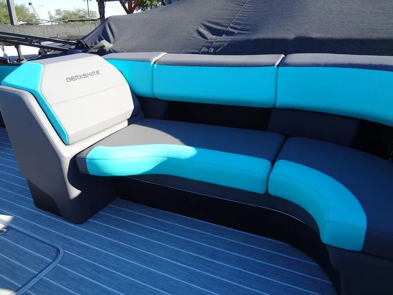 Slide: The Image of 2023 Berkshire 25RFX STS 3.0+ boat seating with blue and gray upholstery. - 18