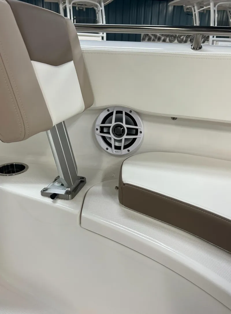 Slide: The Image of 2023 Robalo R222 Center Console boat seating and speaker detail. - 22