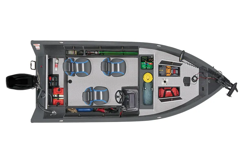 Slide: The Image of 2023 Ranger VS1665SC fishing boat, top view, showing seating, storage, and equipment layout. - 5