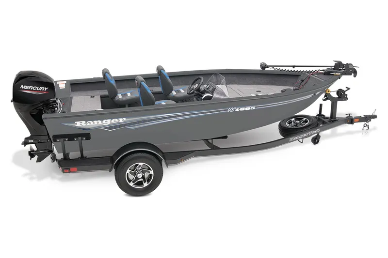 Slide: The Image of 2023 Ranger VS1665SC fishing boat with Mercury outboard motor on trailer. - 7