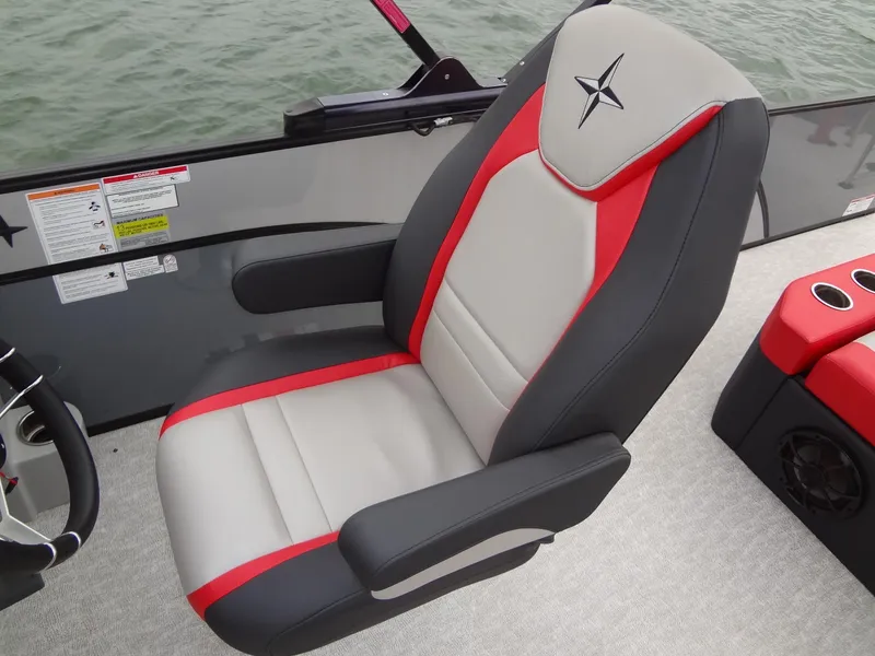 Slide: The Image of 2023 Berkshire 25UL STS 3.0+ boat seat with red and gray upholstery. - 20