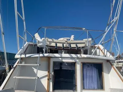 Slide: The Image of 1975 Chris-Craft 30 Tournament FB boat with upper deck and ladder. - 19