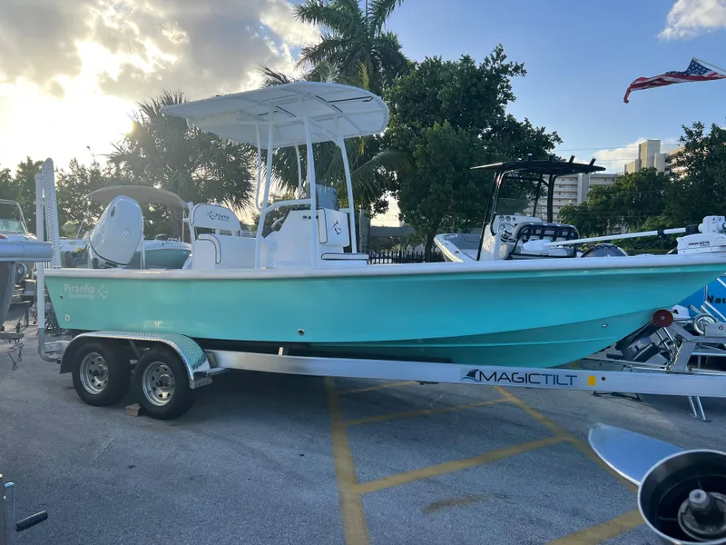 Slide: The Image of 2023 Piranha B2200 CASADOR boat on trailer, turquoise, parked outdoors. - 1