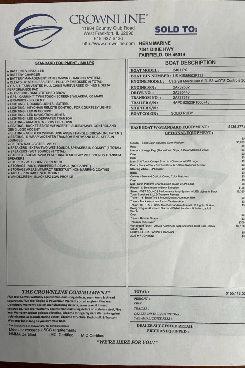 Slide: The Image of Invoice for 2023 Crownline 240 SS boat, detailing standard equipment and pricing. - 8