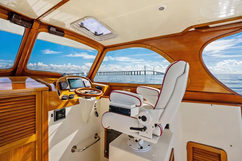 Slide: The Image of Interior of 1996 Hinckley 36 Picnic Boat Classic with ocean view and bridge. - 15