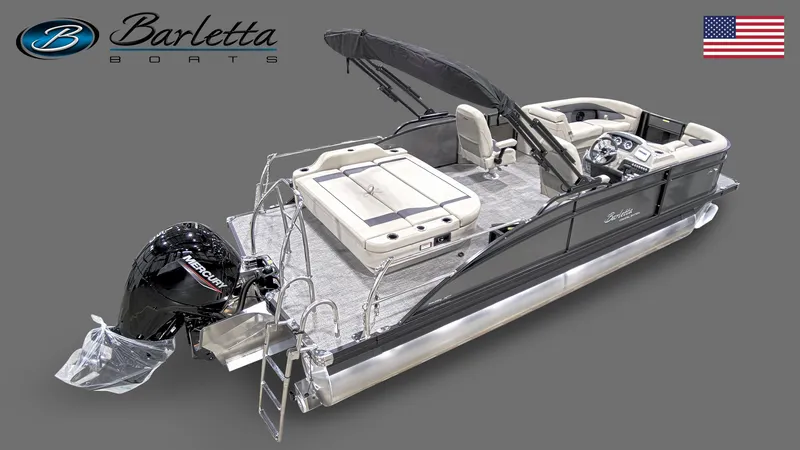 Slide: The Image of 2023 Barletta A22UC pontoon boat with sleek design and modern features, displayed on a gray background. - 5