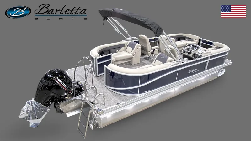Slide: The Image of 2023 Barletta A22QC pontoon boat with outboard motor, gray interior, and American flag. - 2
