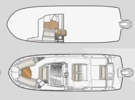 Slide: The Image of 2023 Solara S-250 CW boat layout diagram showing seating and interior design. - 36