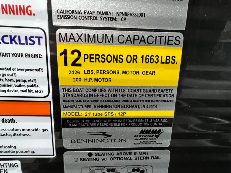 Slide: The Image of Capacity label for 2023 Bennington 22SXSB boat: 12 persons or 1663 lbs, 200 HP motor. - 12